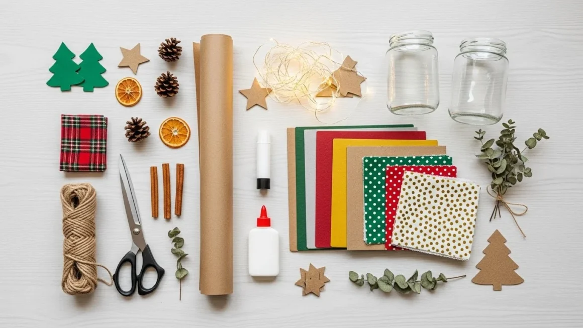 DIY holiday decoration materials including paper, cardboard, fabric scraps, glass jars, scissors, glue, and fairy lights arranged on a table