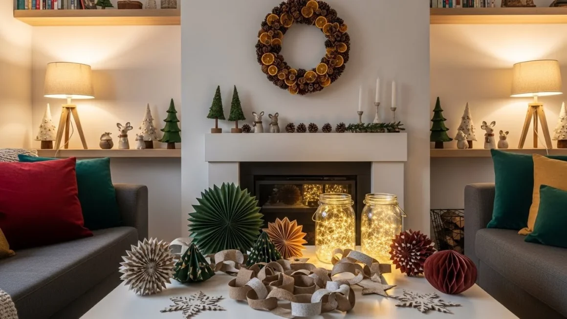 DIY holiday decor ideas in a cozy home with handmade decorations, glass jar lanterns, fairy lights, and festive interior styling