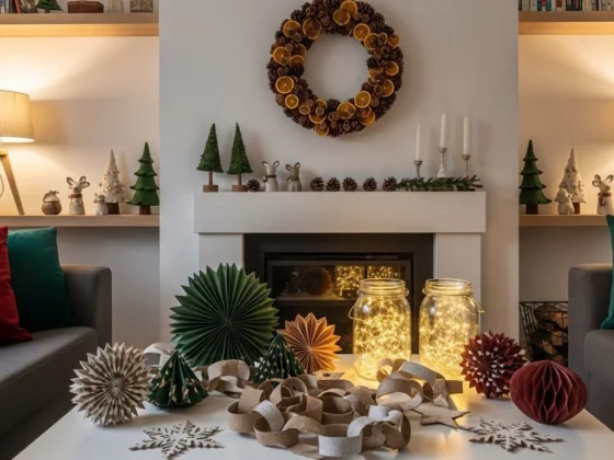 DIY holiday decor ideas in a cozy home with handmade decorations, glass jar lanterns, fairy lights, and festive interior styling