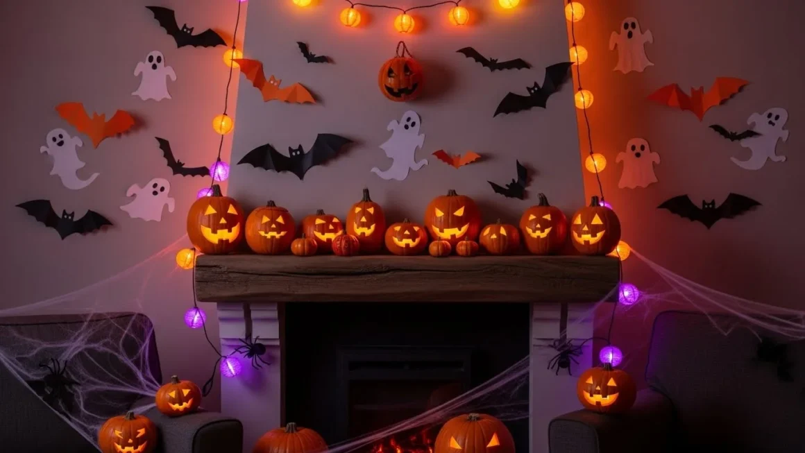 DIY Halloween decorations with paper bats, ghost wall hangings, handmade pumpkins, and spooky home decor setup